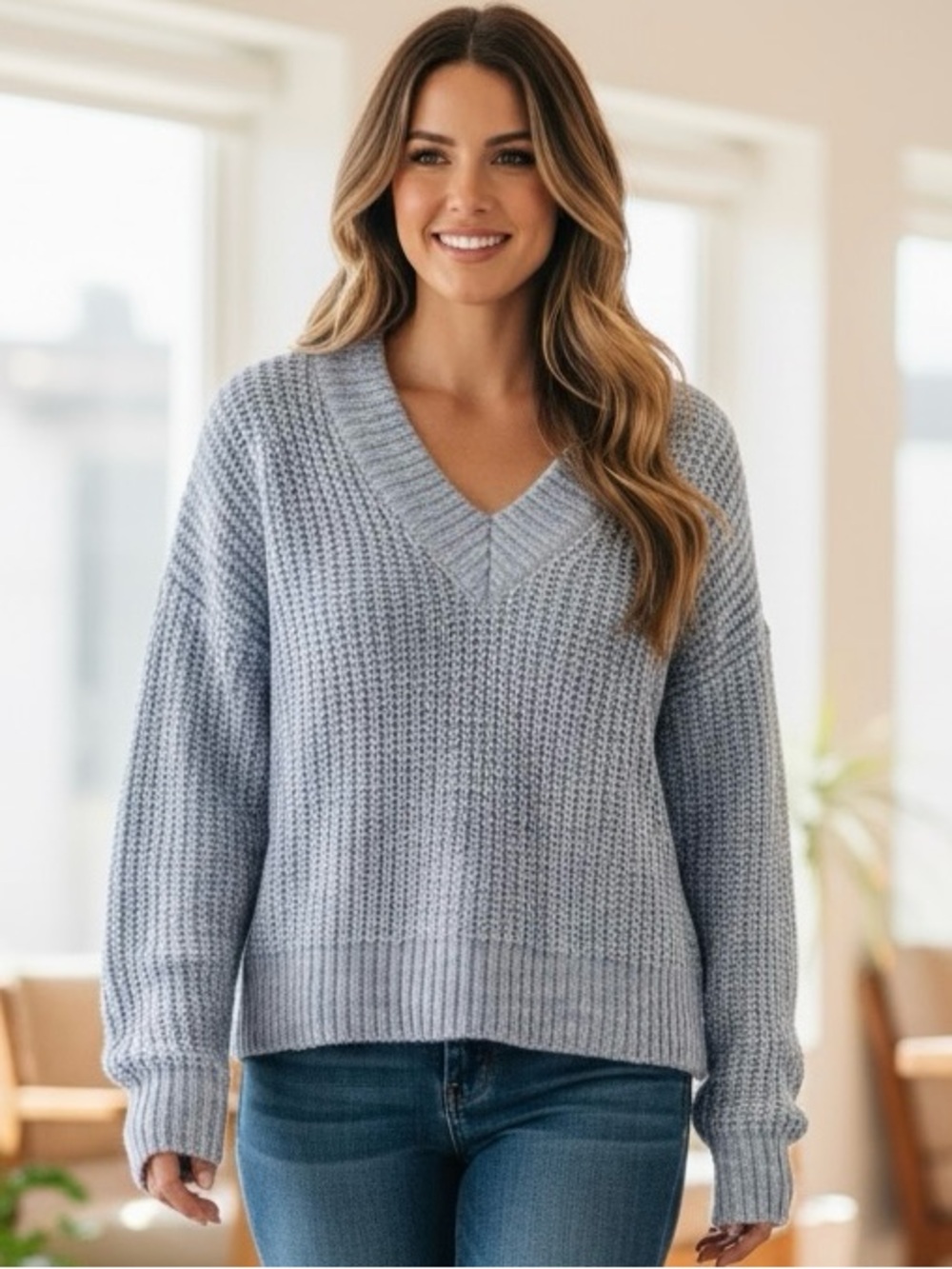 a.n.a Chunky Cable Knit Sweater Gray Long Sleeve V Neckline Boxy Oversized SZ XS